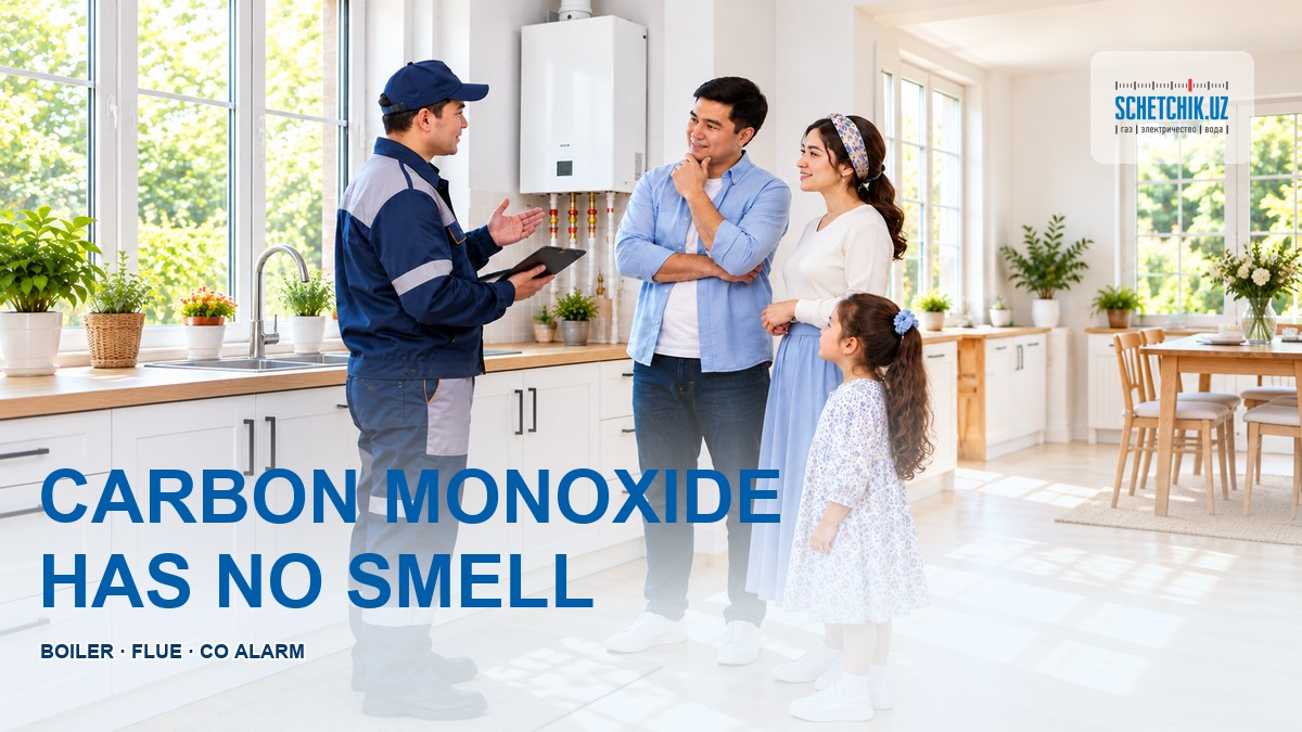 A family and a specialist beside heating equipment